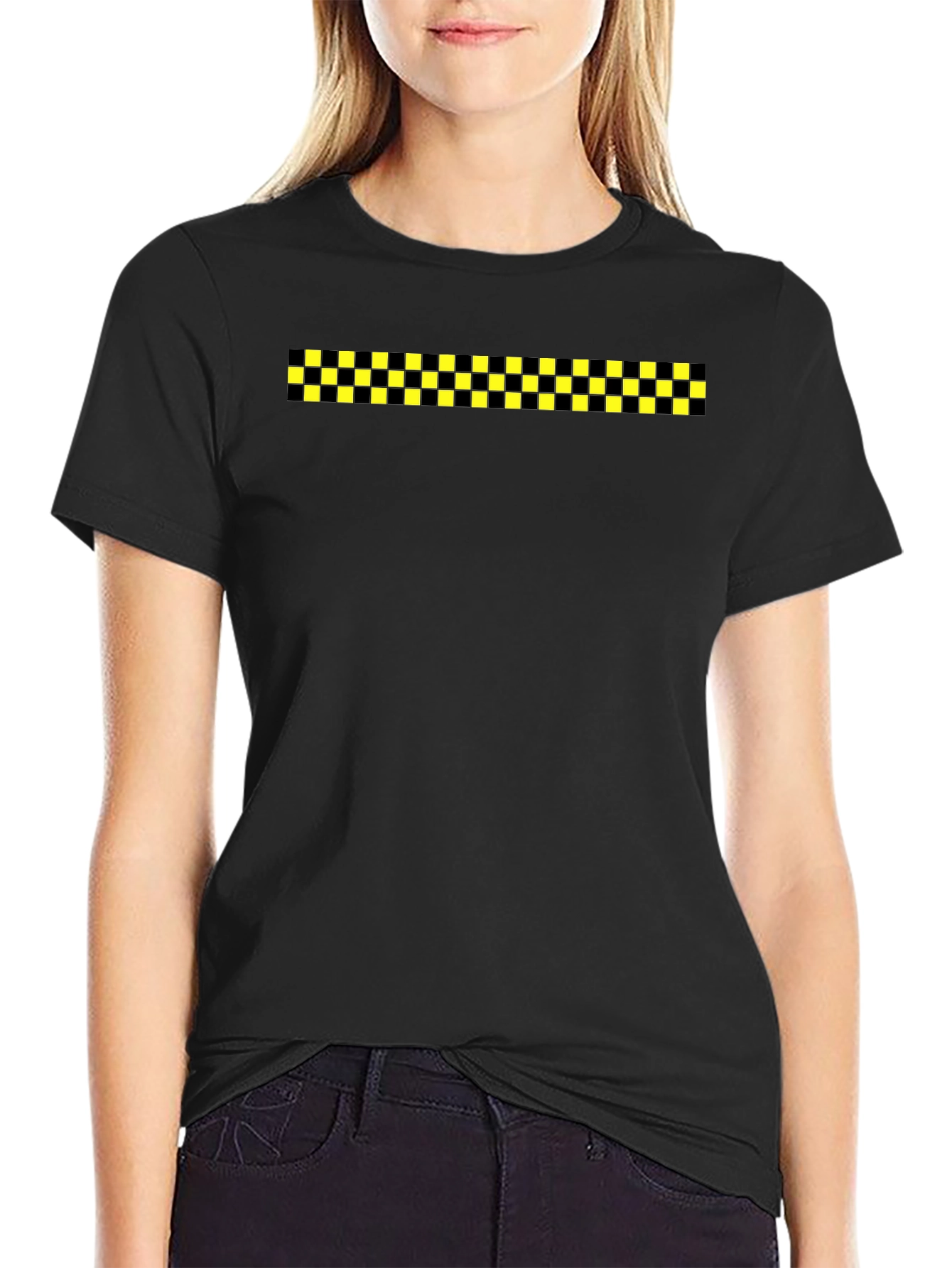 Black Tee with Checkered Stripe