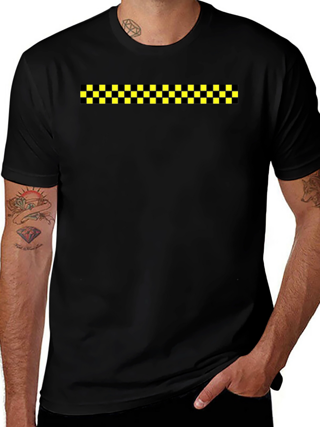 Black Tee with Checkered Stripe