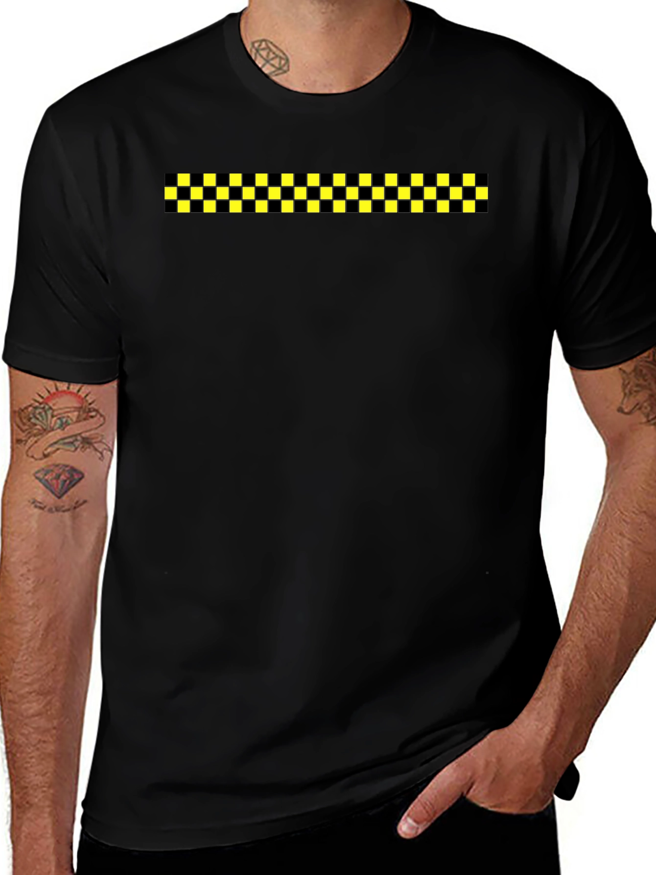 Black Tee with Checkered Stripe
