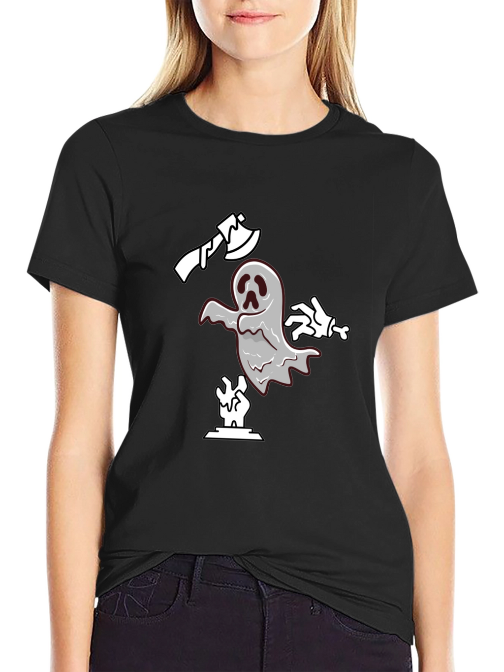 Spooky Ghost Graphic Tee - Black Cotton T-Shirt