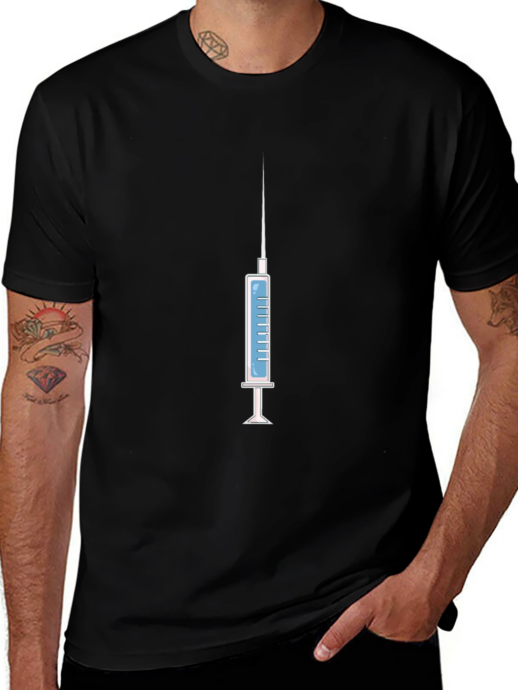 Syringe Graphic Tee - Novelty Design Black Cotton Shirt