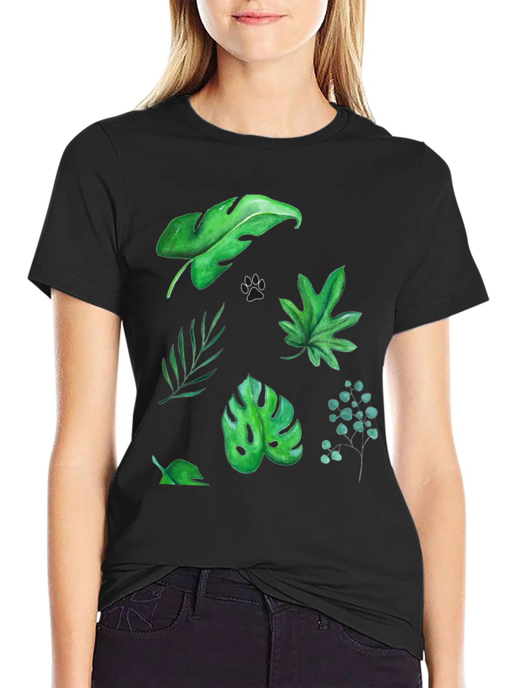 Leaf Print Tee - Black Cotton T-Shirt