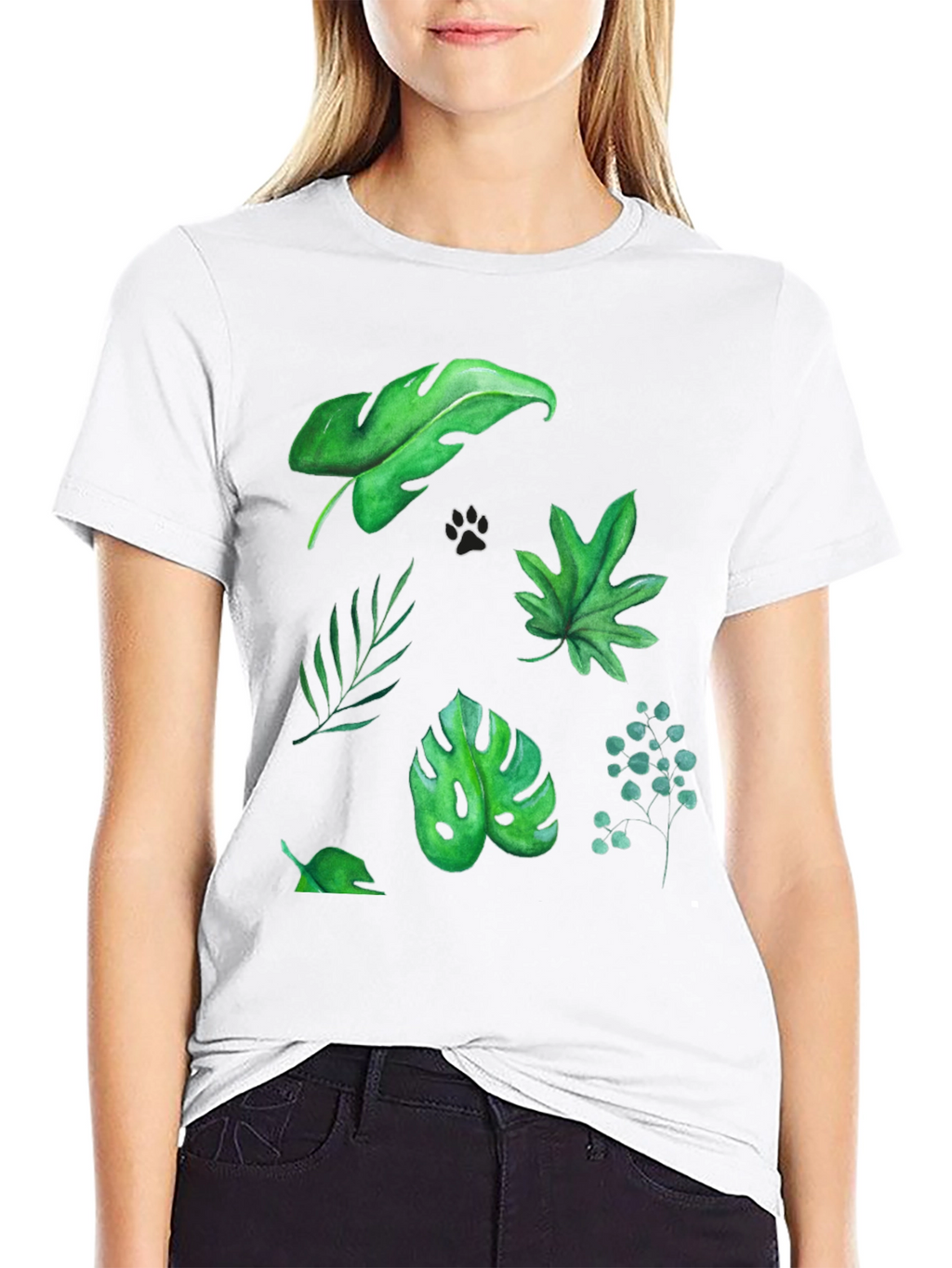 Leaf Print Tee - Black Cotton T-Shirt