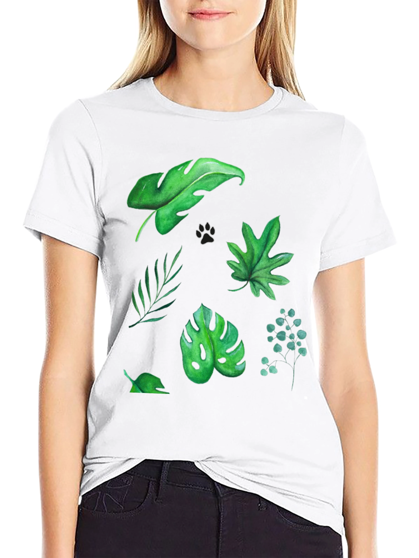 Leaf Print Tee - Black Cotton T-Shirt