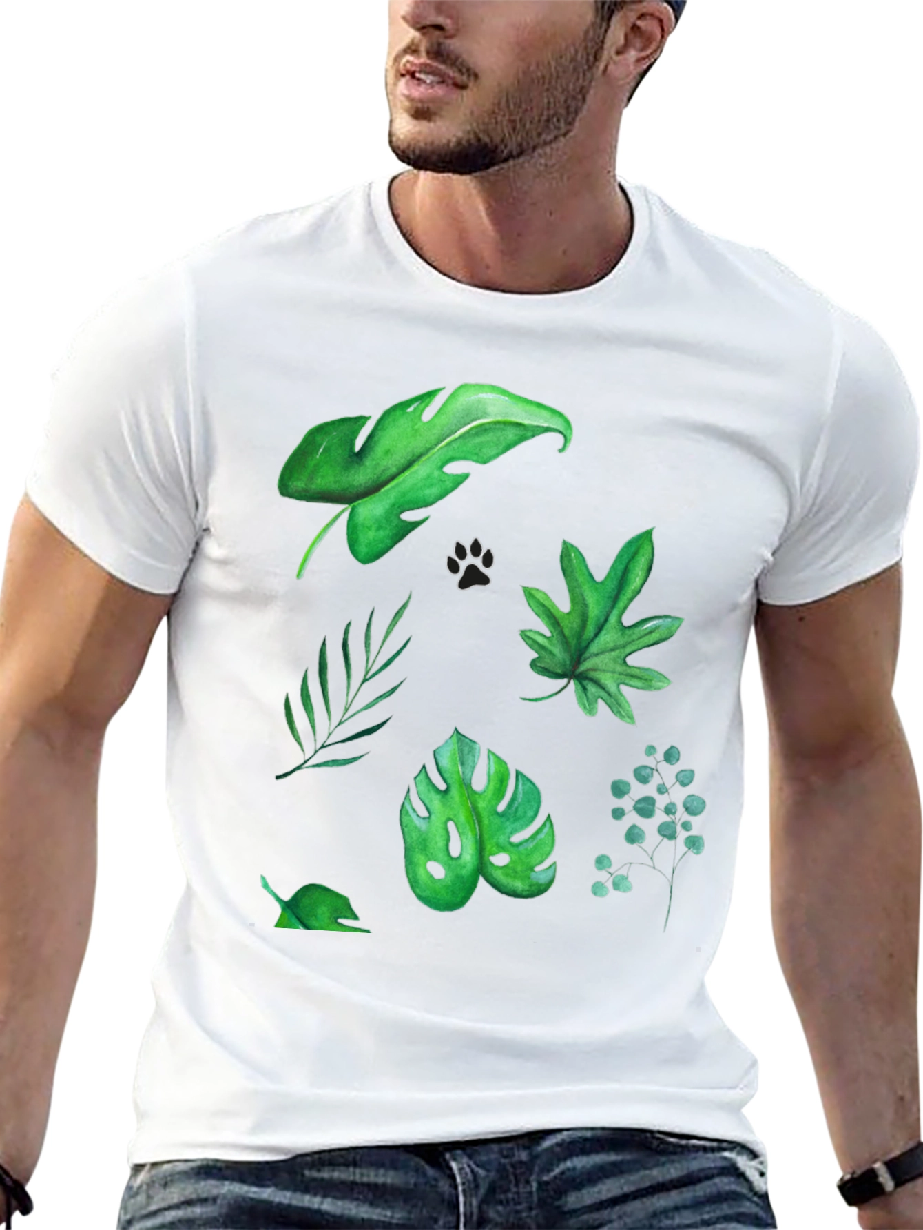 Leaf Print Tee - Black Cotton T-Shirt