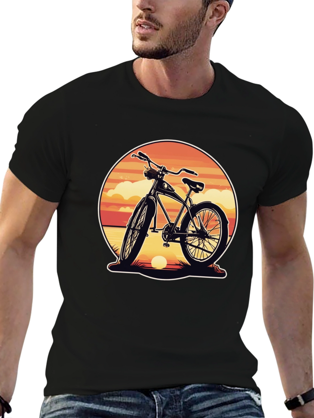 Retro Bicycle Sunset Graphic Tee - Classic Black Shirt