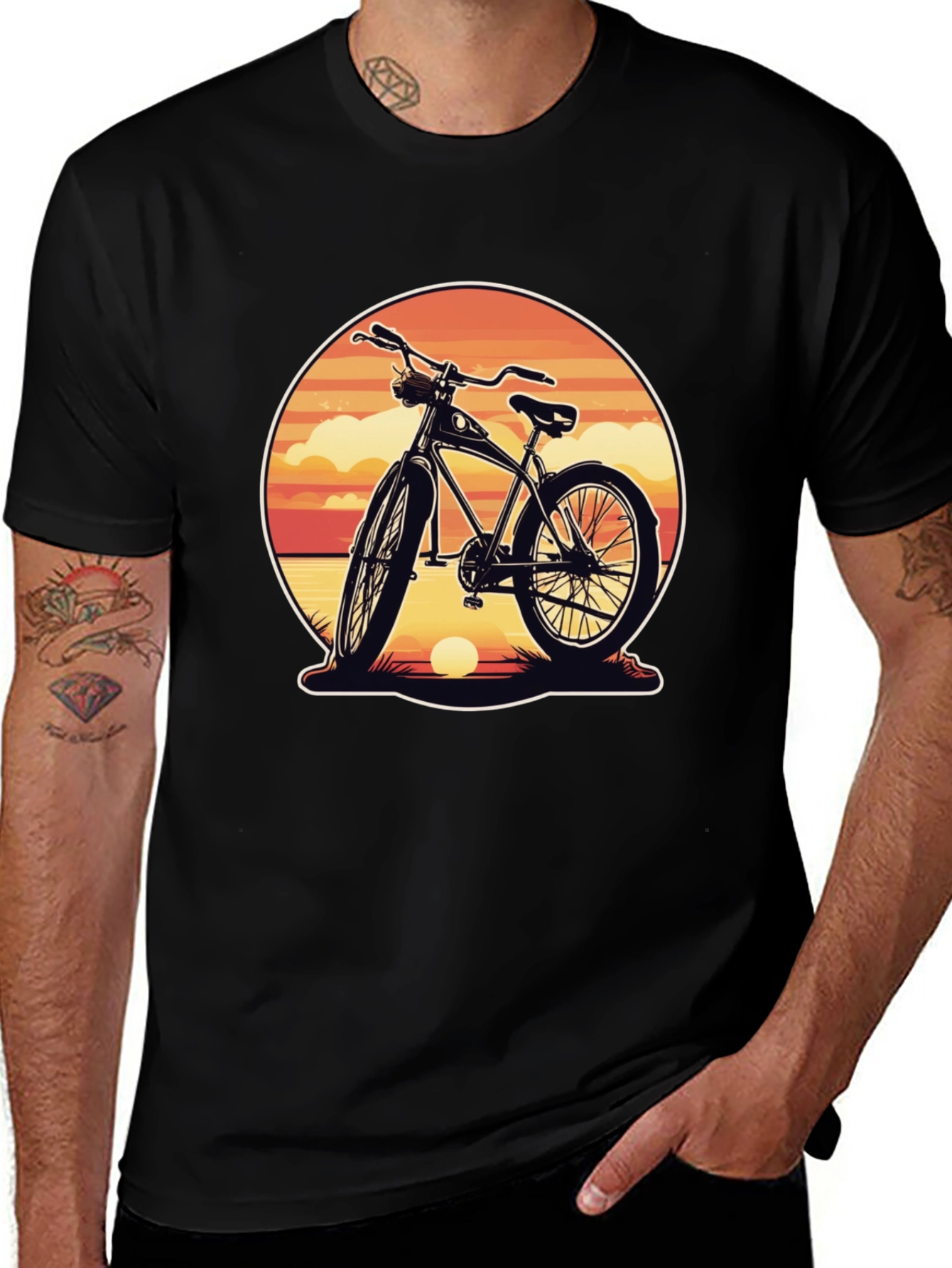 Retro Bicycle Sunset Graphic Tee - Classic Black Shirt