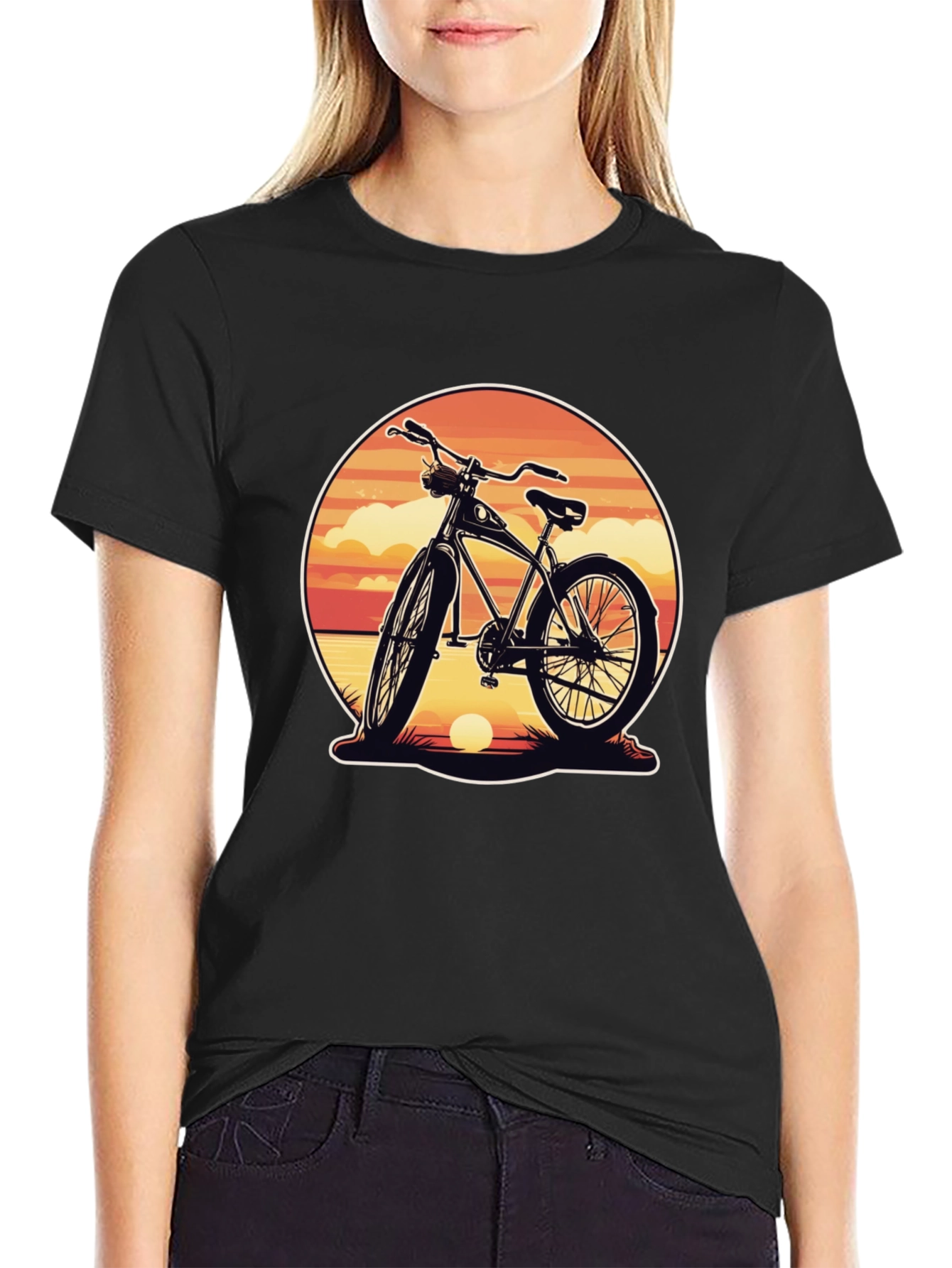 Retro Bicycle Sunset Graphic Tee - Classic Black Shirt