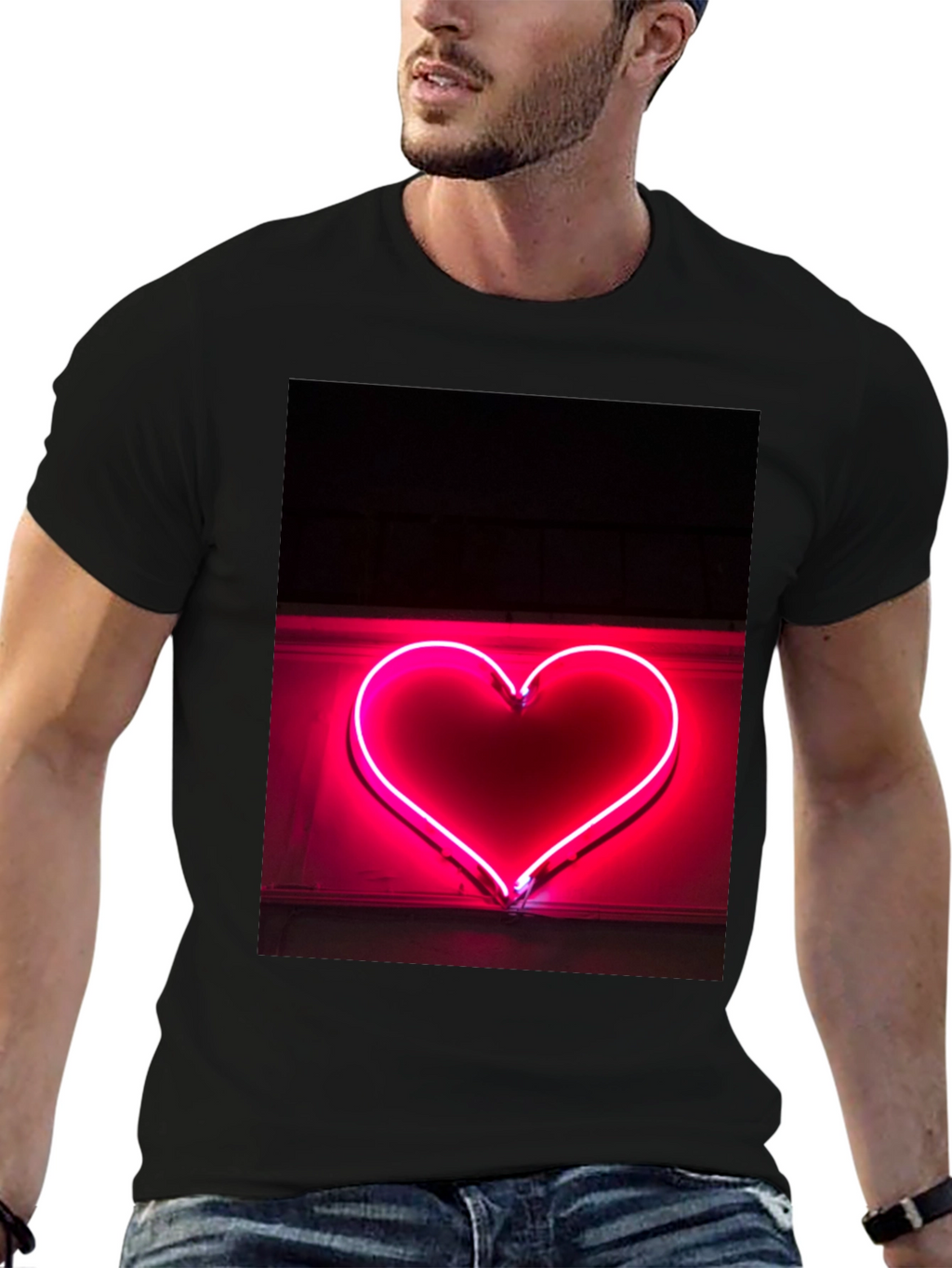 Neon Heart Graphic Tee - Black Cotton T-Shirt