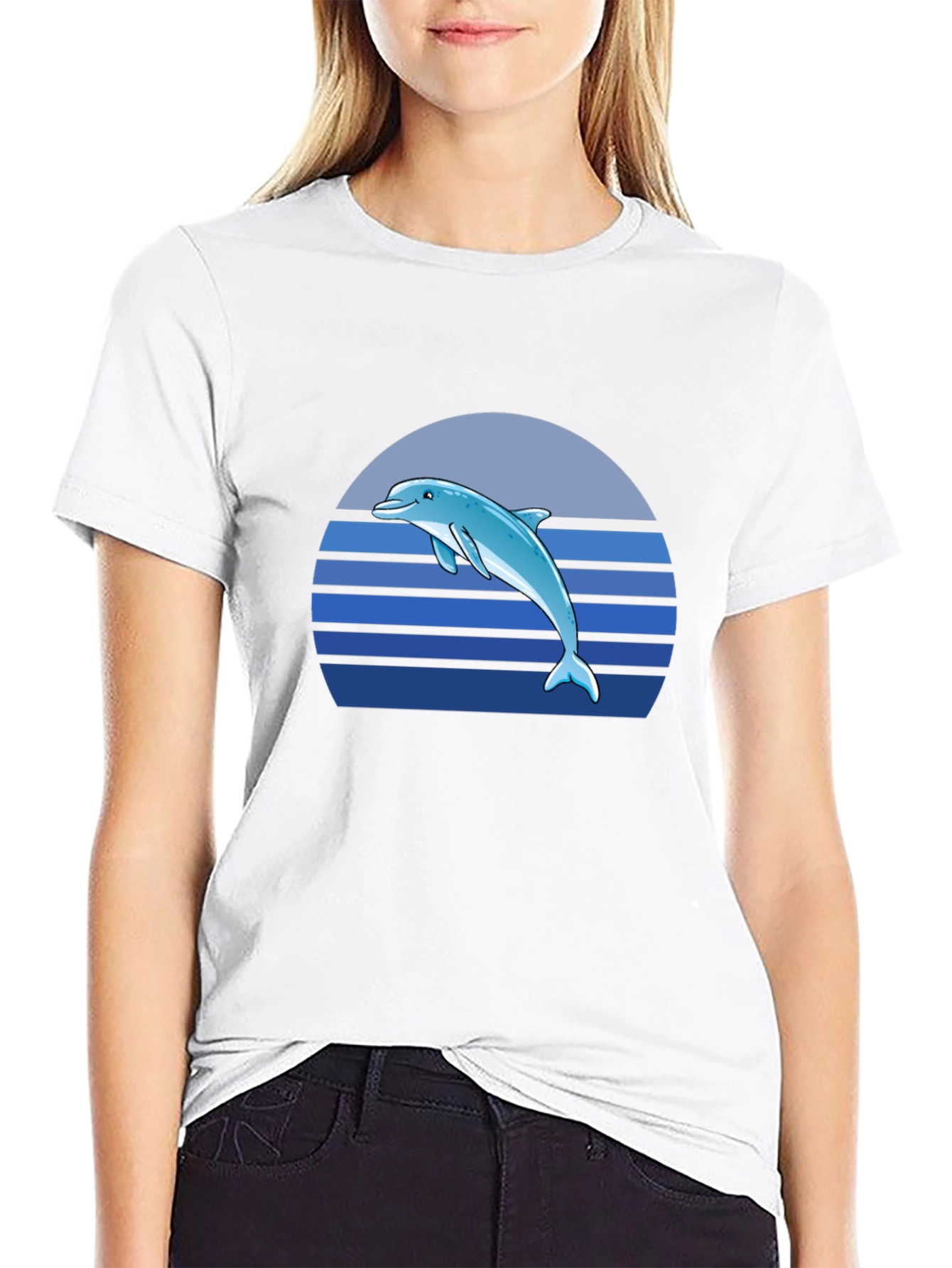 Dolphin Sunset Graphic Tee - Black Cotton T-Shirt