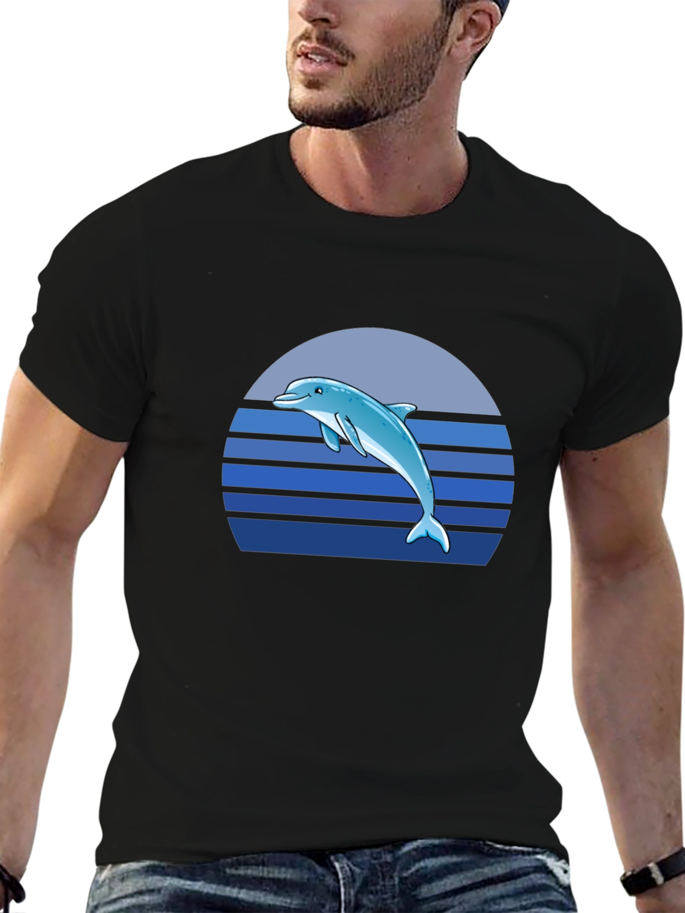 Dolphin Sunset Graphic Tee - Black Cotton T-Shirt