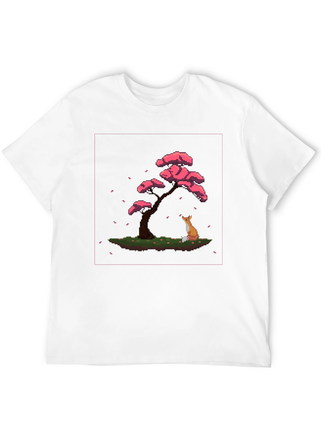 Pixel Art Fox and Cherry Tree Black T-Shirt