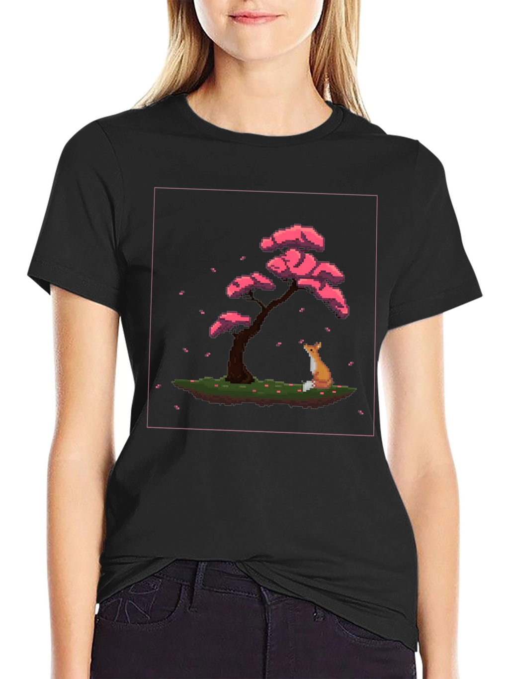 Pixel Art Fox and Cherry Tree Black T-Shirt