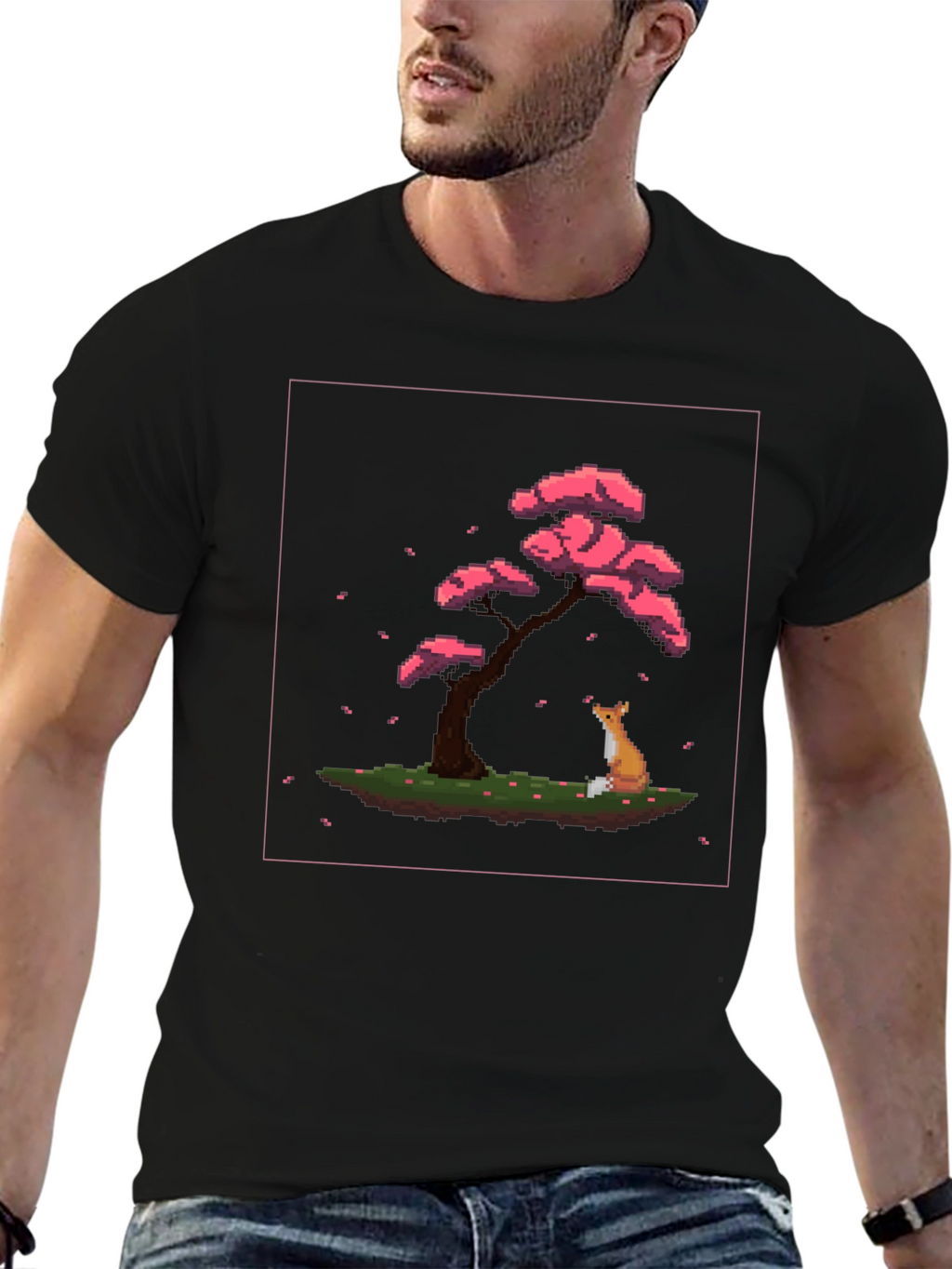 Pixel Art Fox and Cherry Tree Black T-Shirt