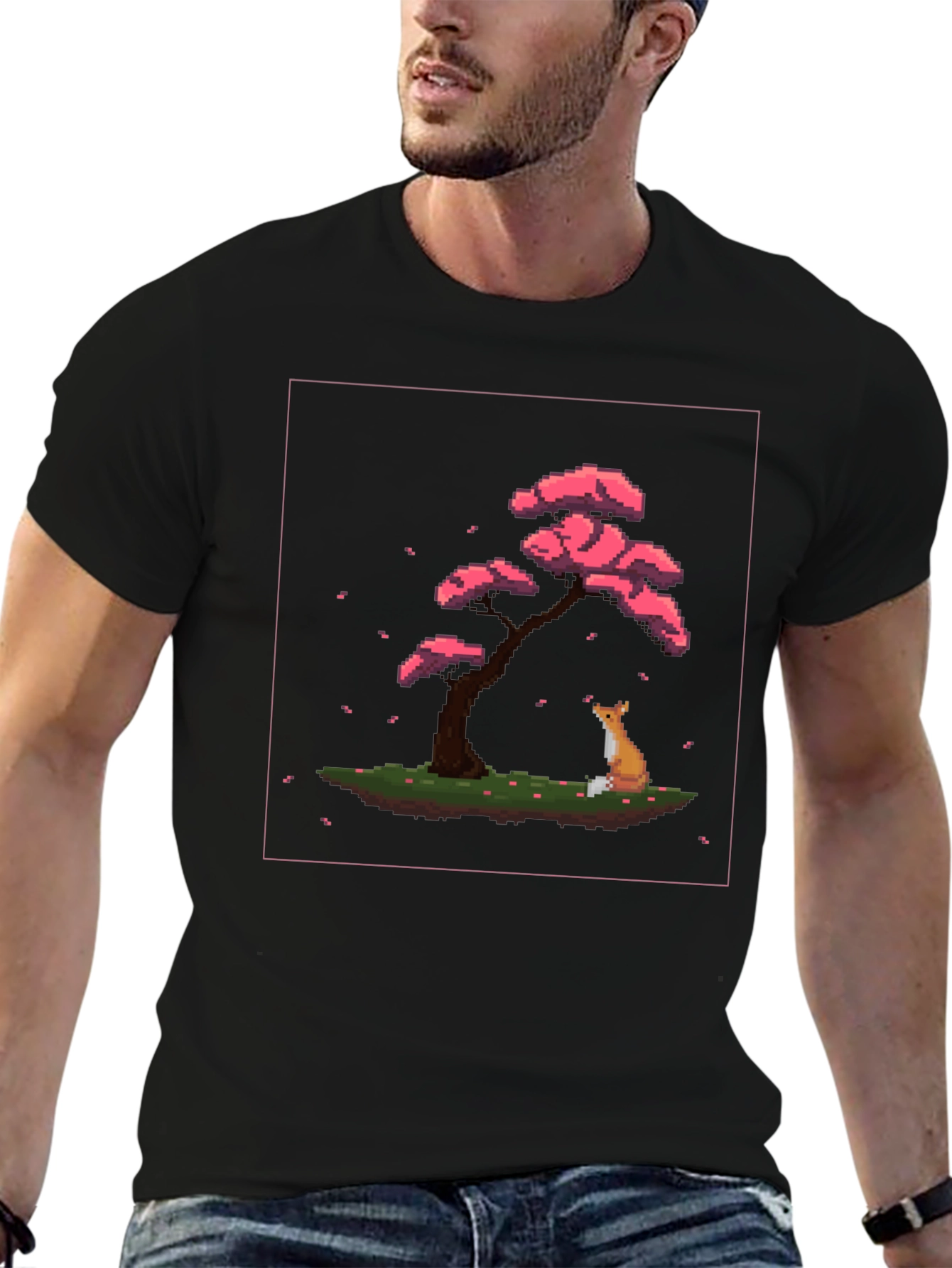 Pixel Art Fox and Cherry Tree Black T-Shirt