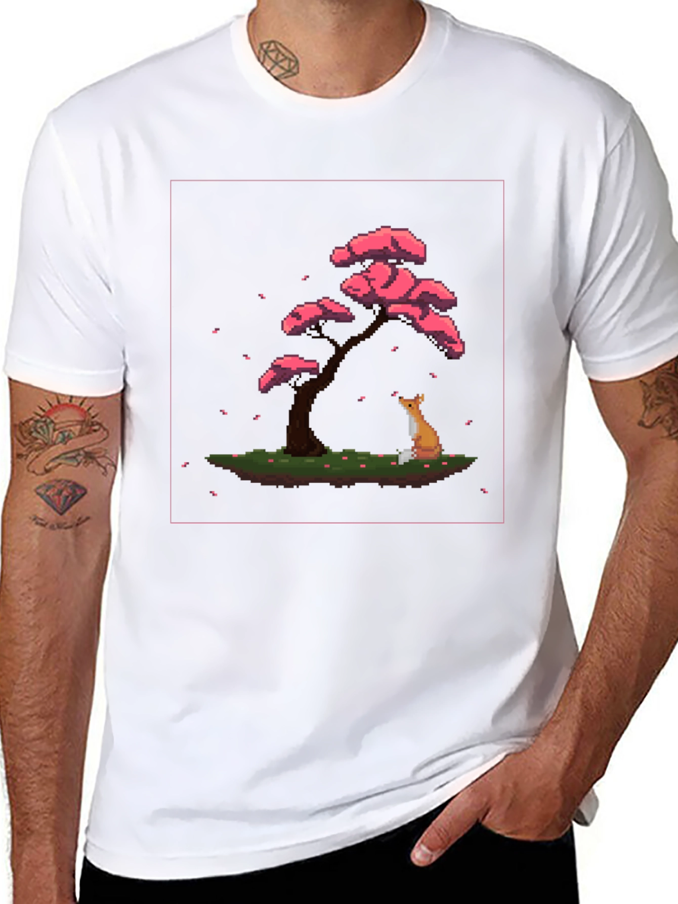 Pixel Art Fox and Cherry Tree Black T-Shirt