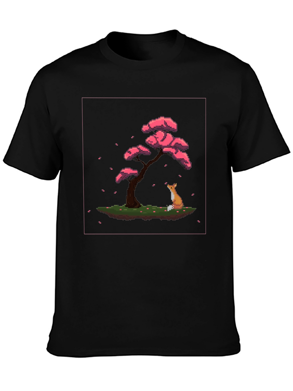 Pixel Art Fox and Cherry Tree Black T-Shirt