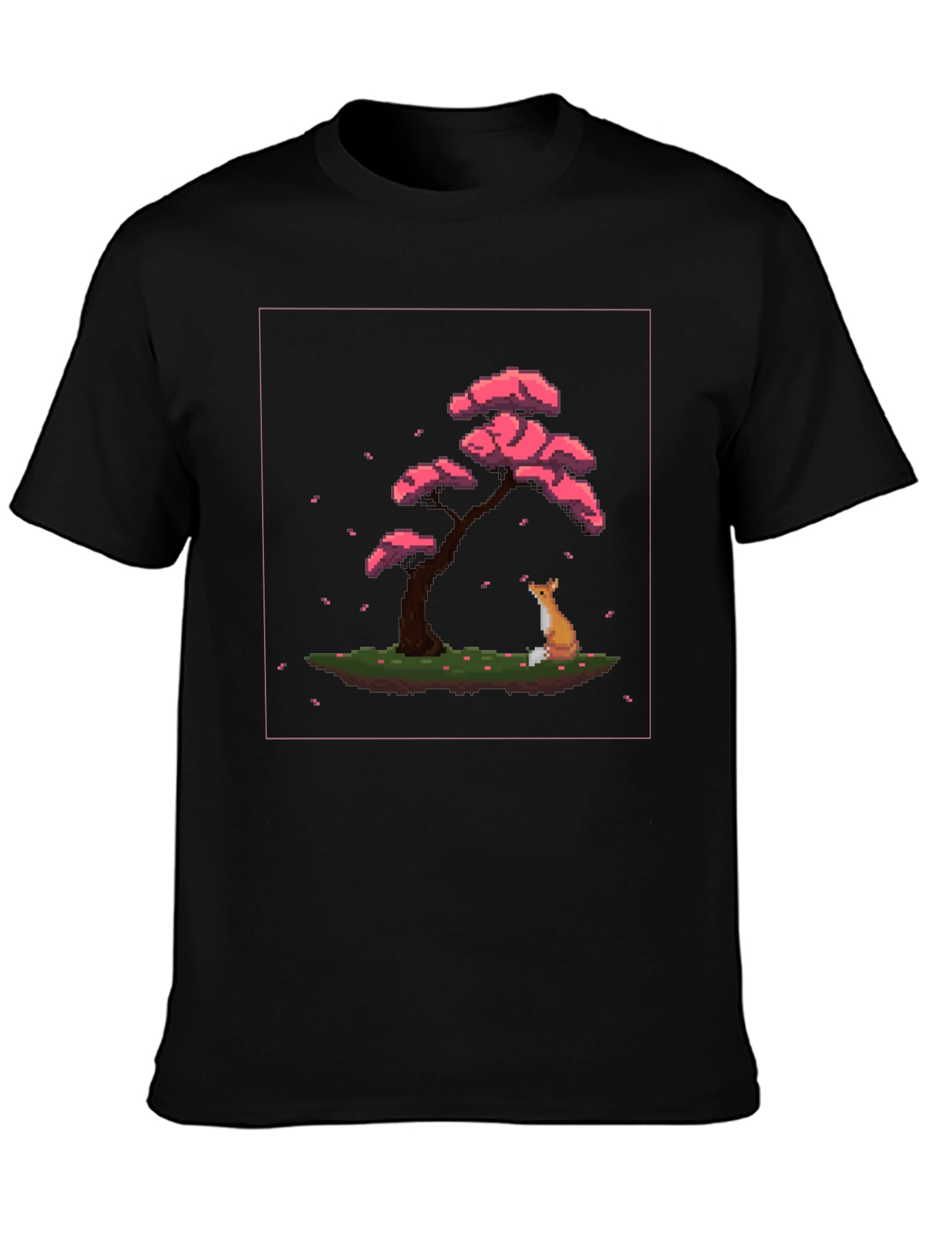 Pixel Art Fox and Cherry Tree Black T-Shirt