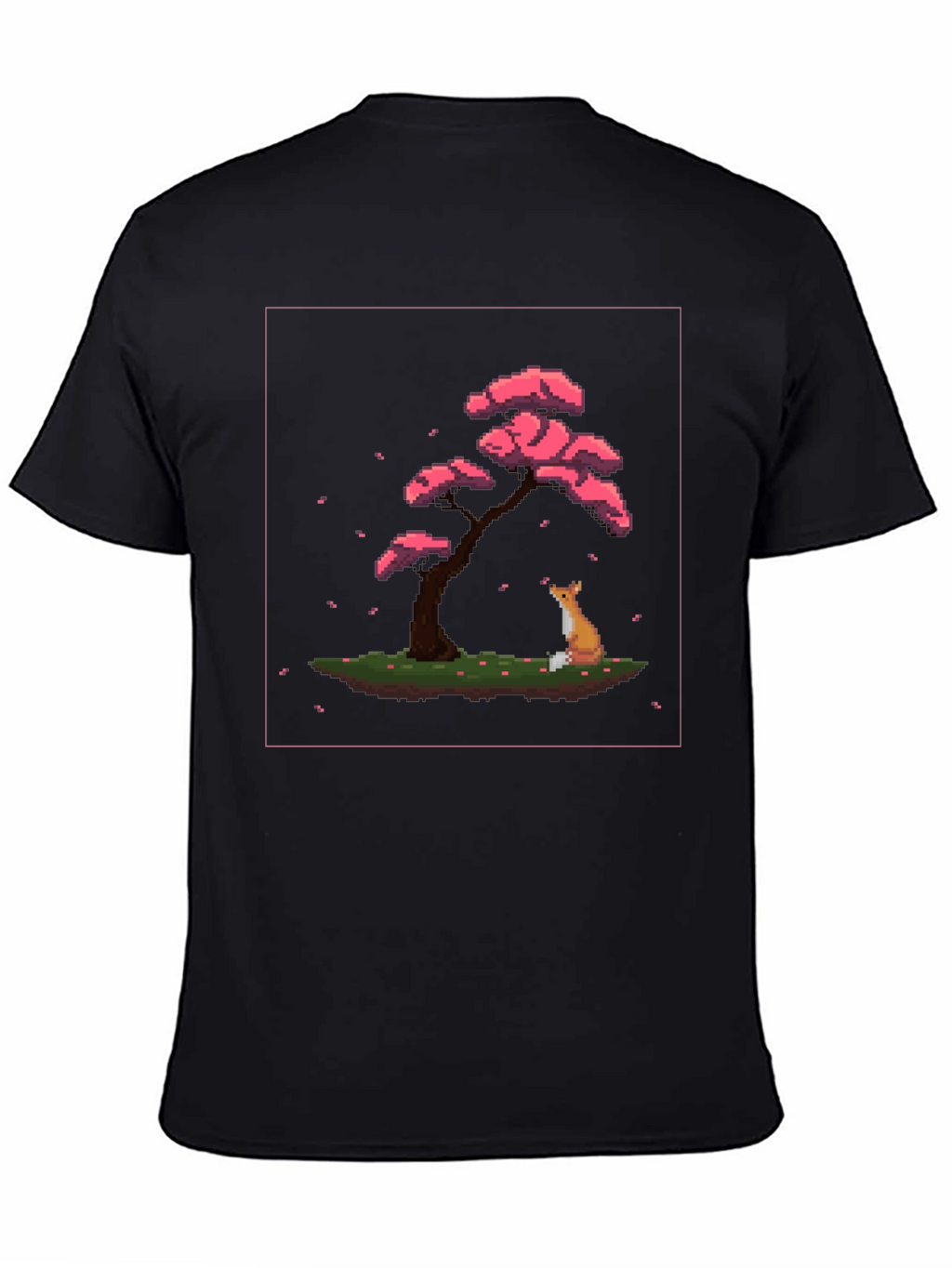 Pixel Art Fox and Cherry Tree Black T-Shirt