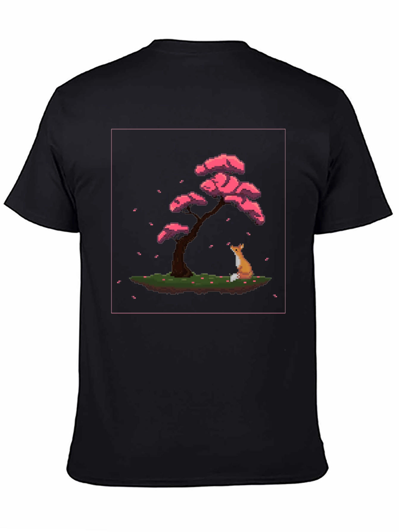 Pixel Art Fox and Cherry Tree Black T-Shirt
