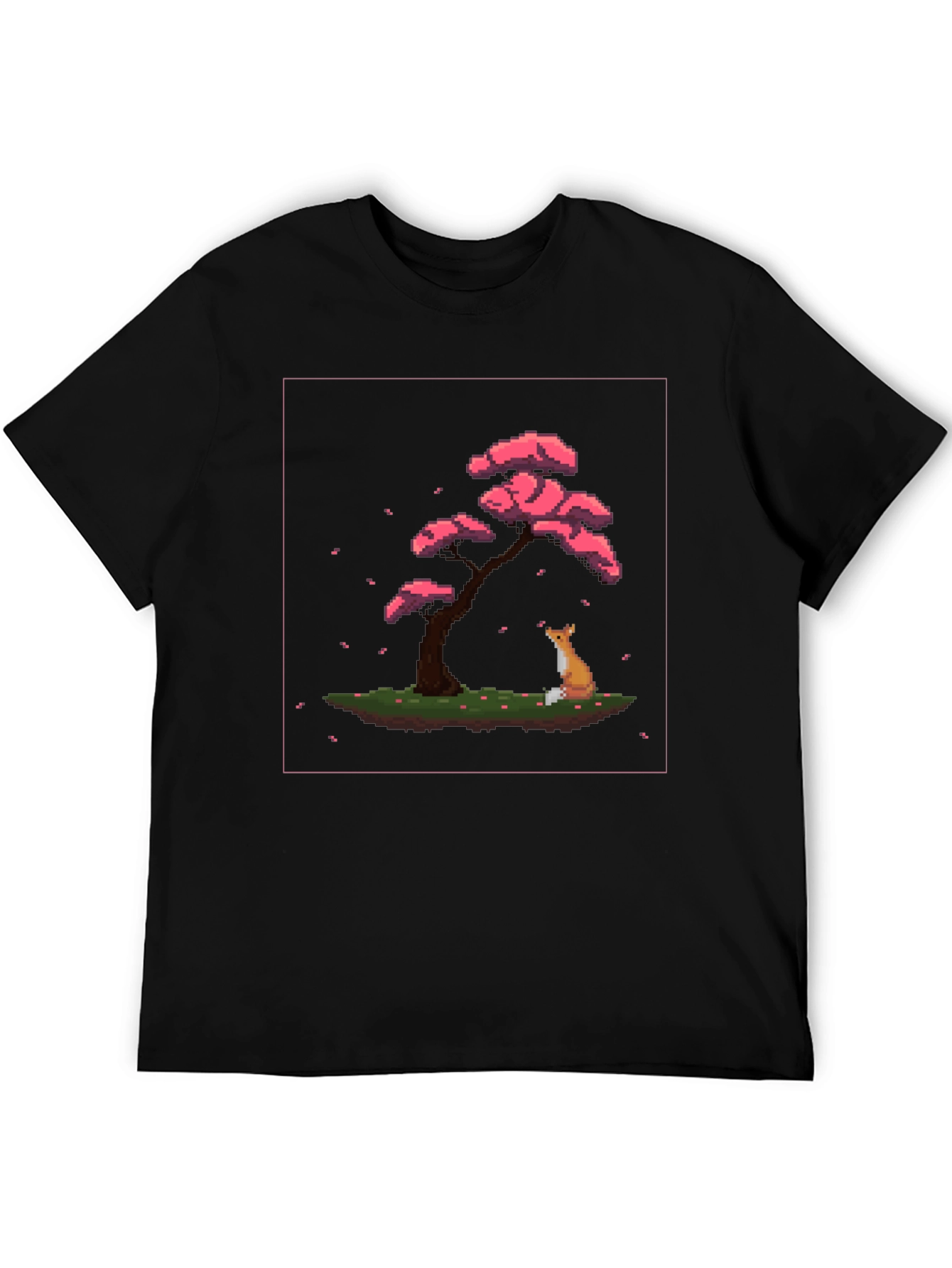 Pixel Art Fox and Cherry Tree Black T-Shirt