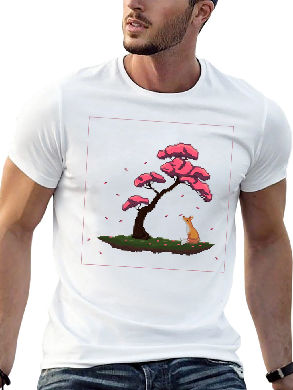 Pixel Art Fox and Cherry Tree Black T-Shirt