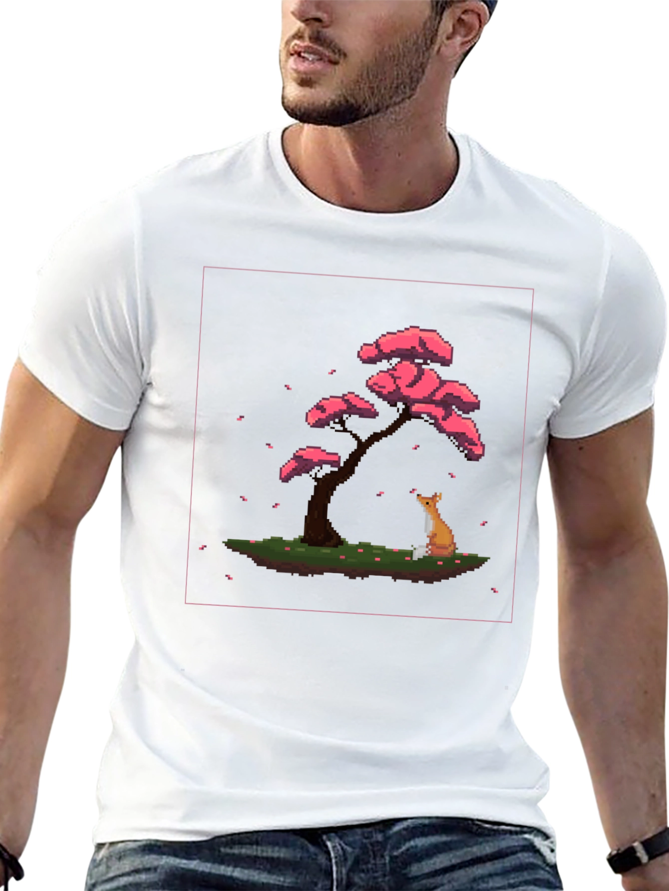 Pixel Art Fox and Cherry Tree Black T-Shirt