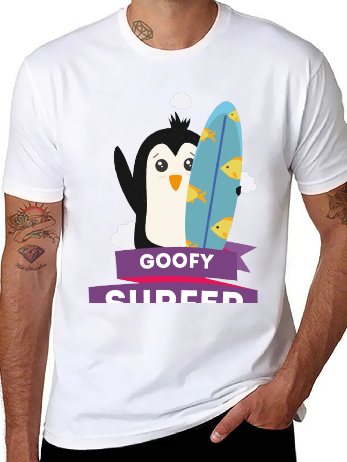 Goofy Surfer Penguin Graphic Tee - Black