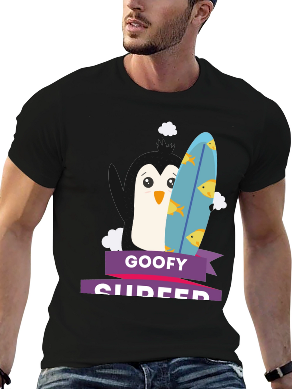 Goofy Surfer Penguin Graphic Tee - Black
