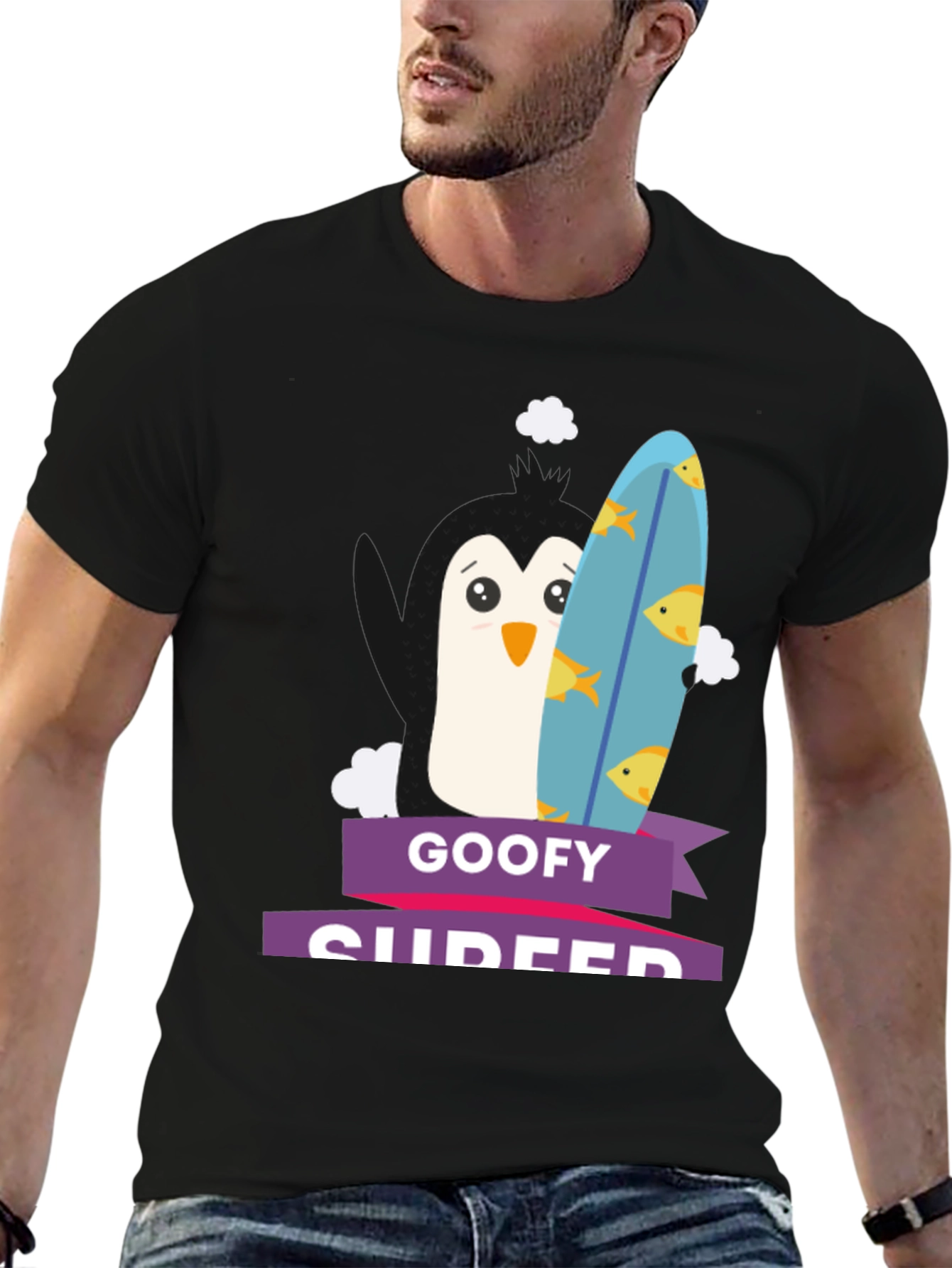 Goofy Surfer Penguin Graphic Tee - Black