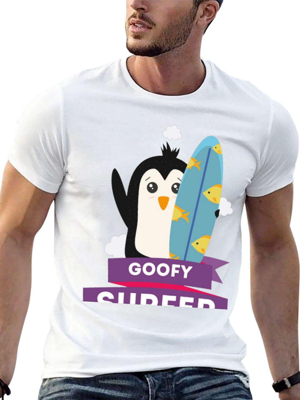 Goofy Surfer Penguin Graphic Tee - Black