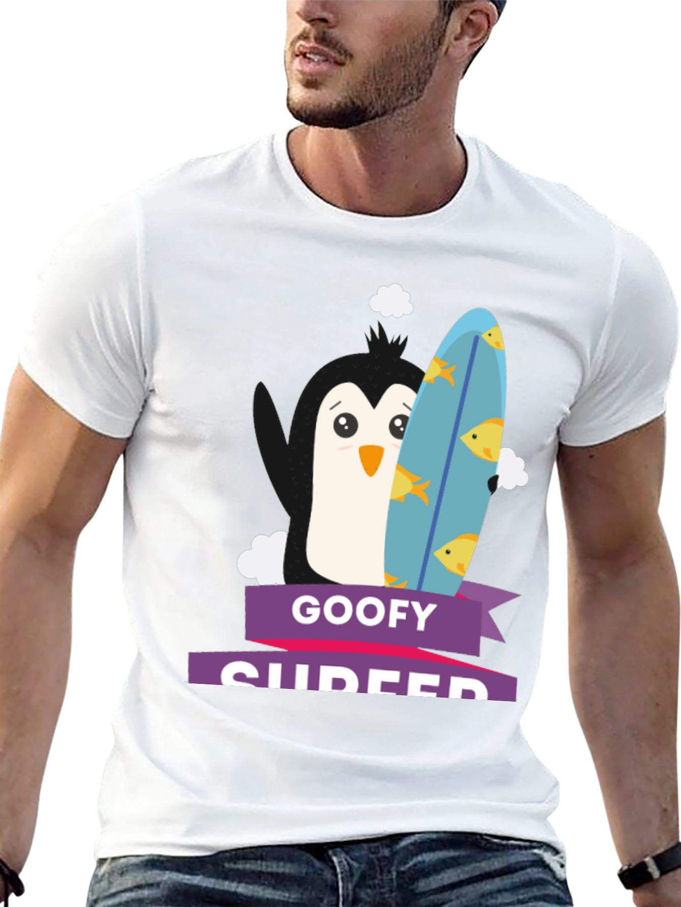 Goofy Surfer Penguin Graphic Tee - Black