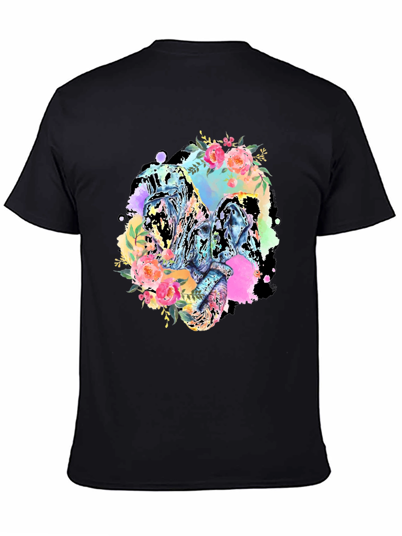 Floral Elephant Graphic Tee - Black Cotton Blend