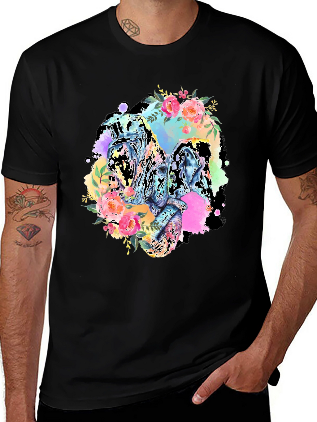 Floral Elephant Graphic Tee - Black Cotton Blend