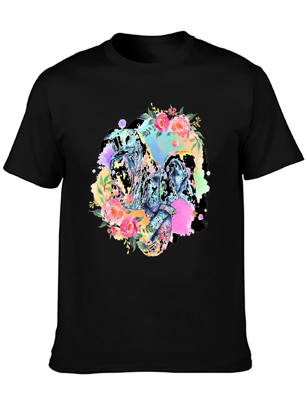 Floral Elephant Graphic Tee - Black Cotton Blend