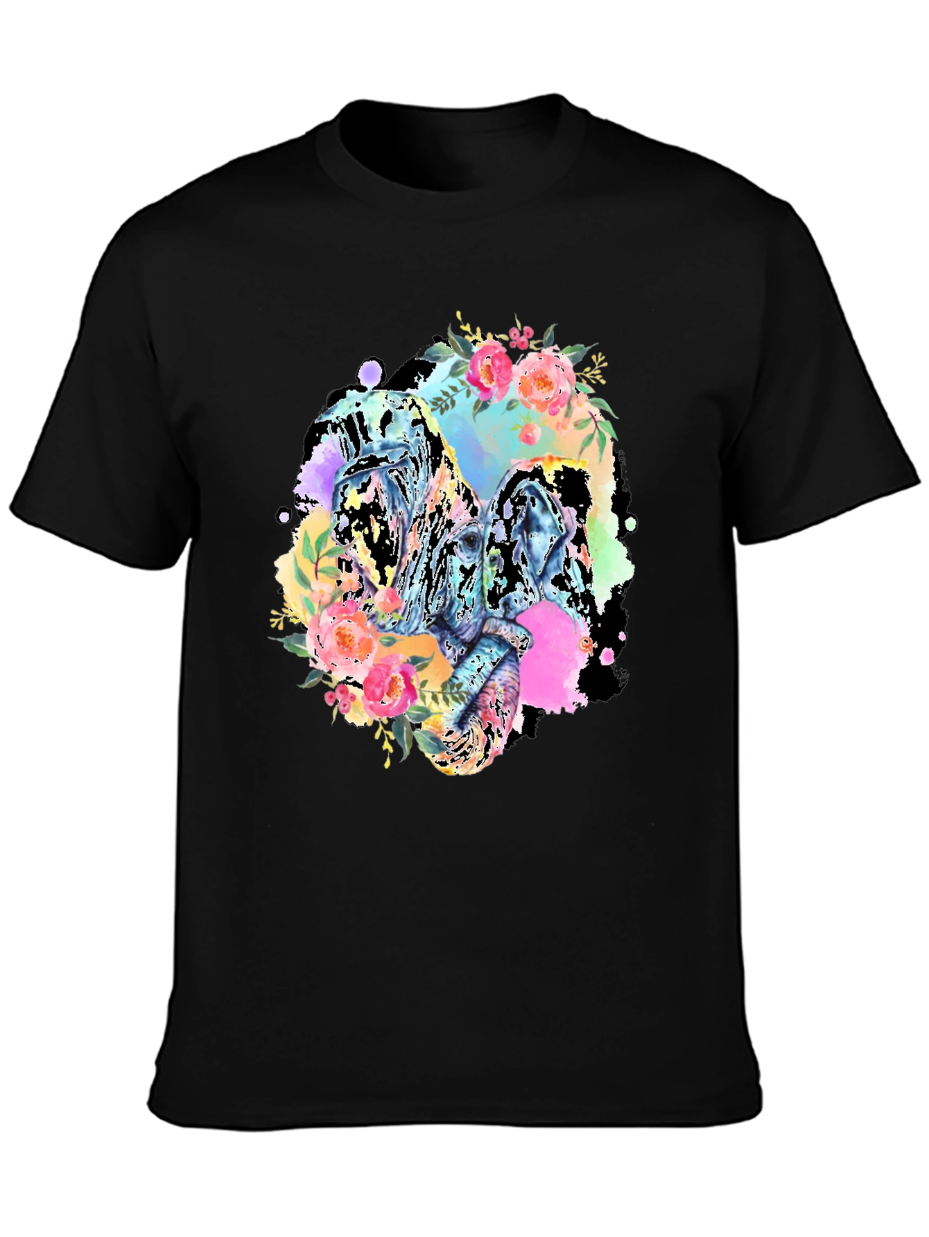 Floral Elephant Graphic Tee - Black Cotton Blend