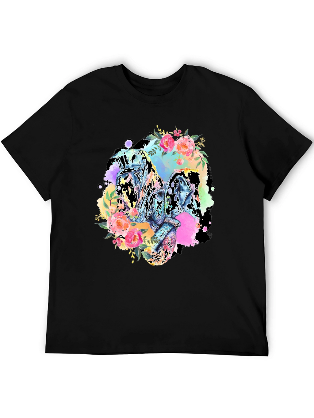Floral Elephant Graphic Tee - Black Cotton Blend