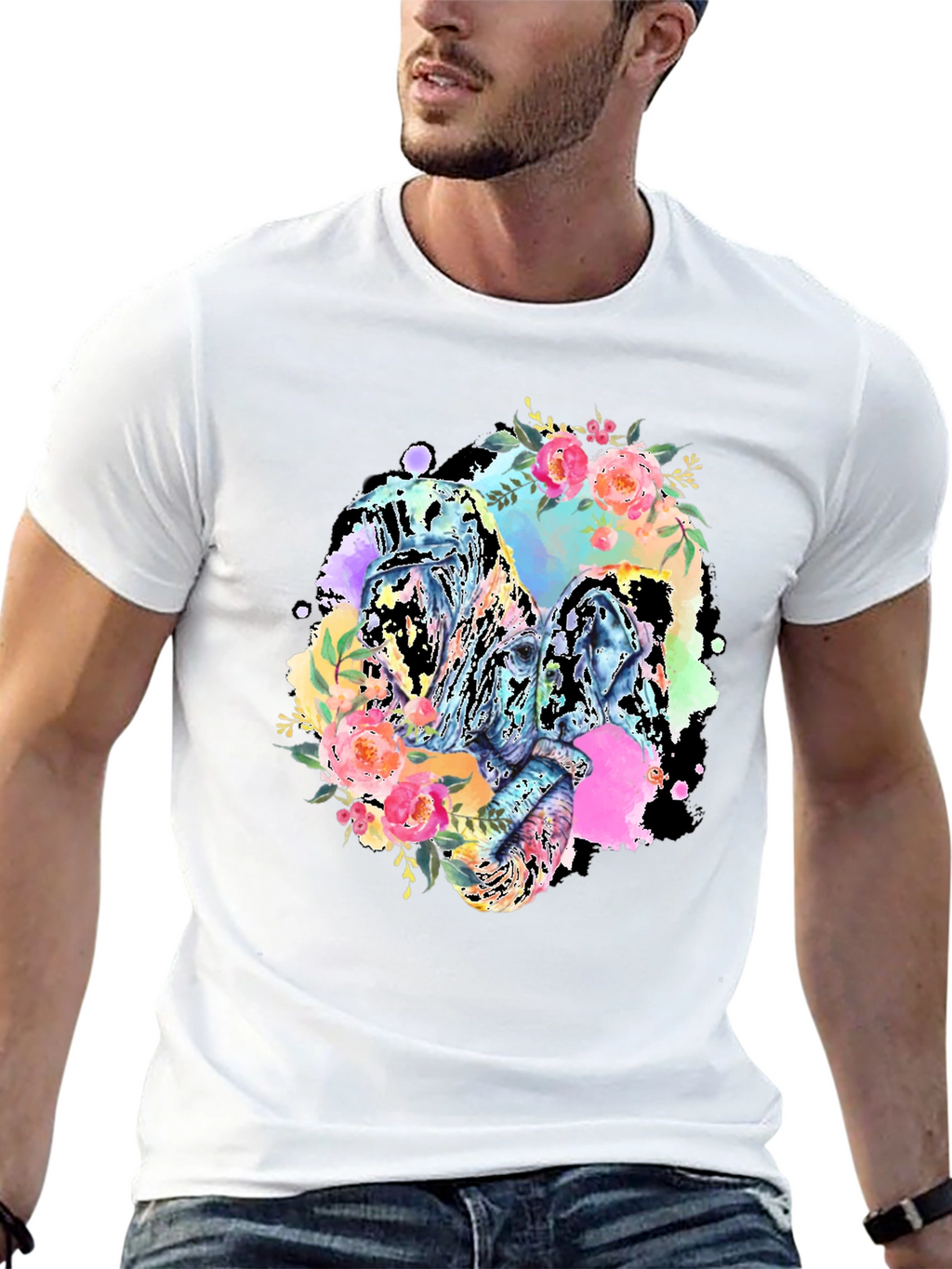 Floral Elephant Graphic Tee - Black Cotton Blend
