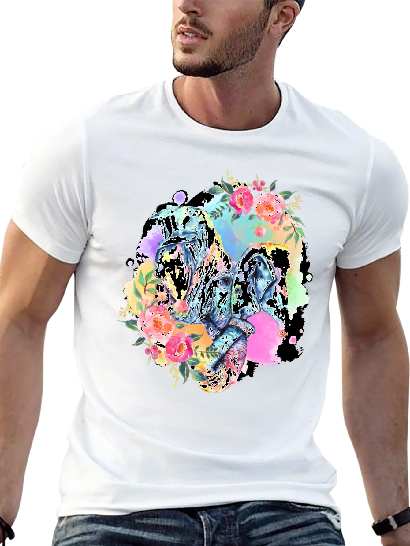 Floral Elephant Graphic Tee - Black Cotton Blend