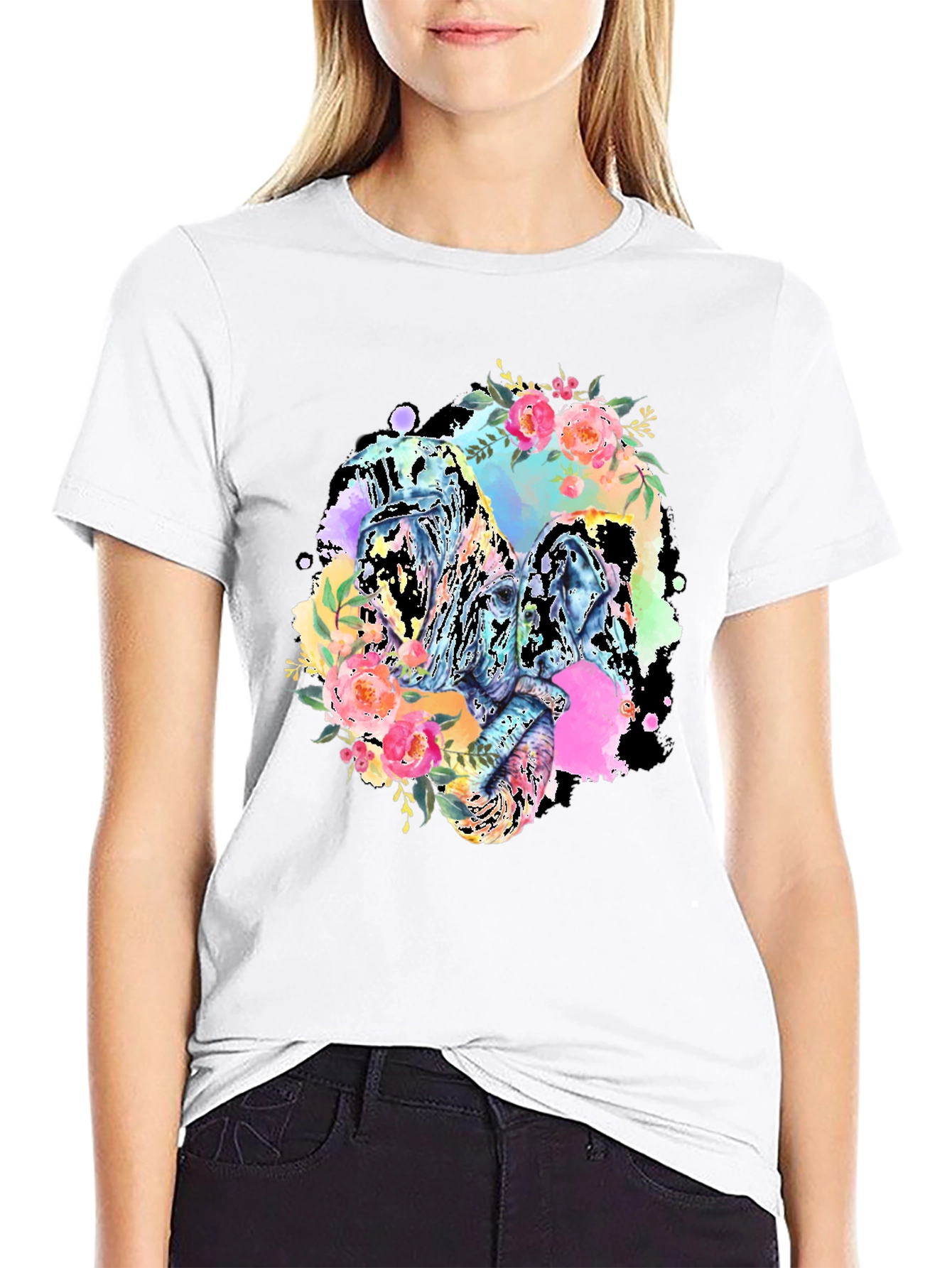 Floral Elephant Graphic Tee - Black Cotton Blend