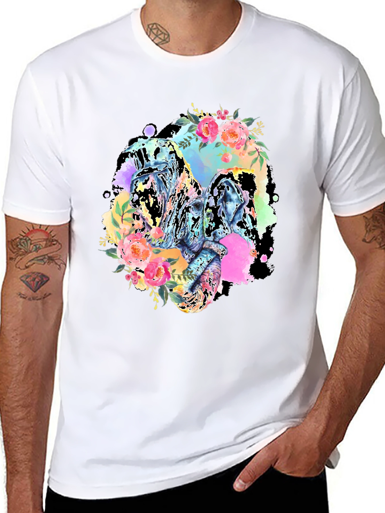 Floral Elephant Graphic Tee - Black Cotton Blend