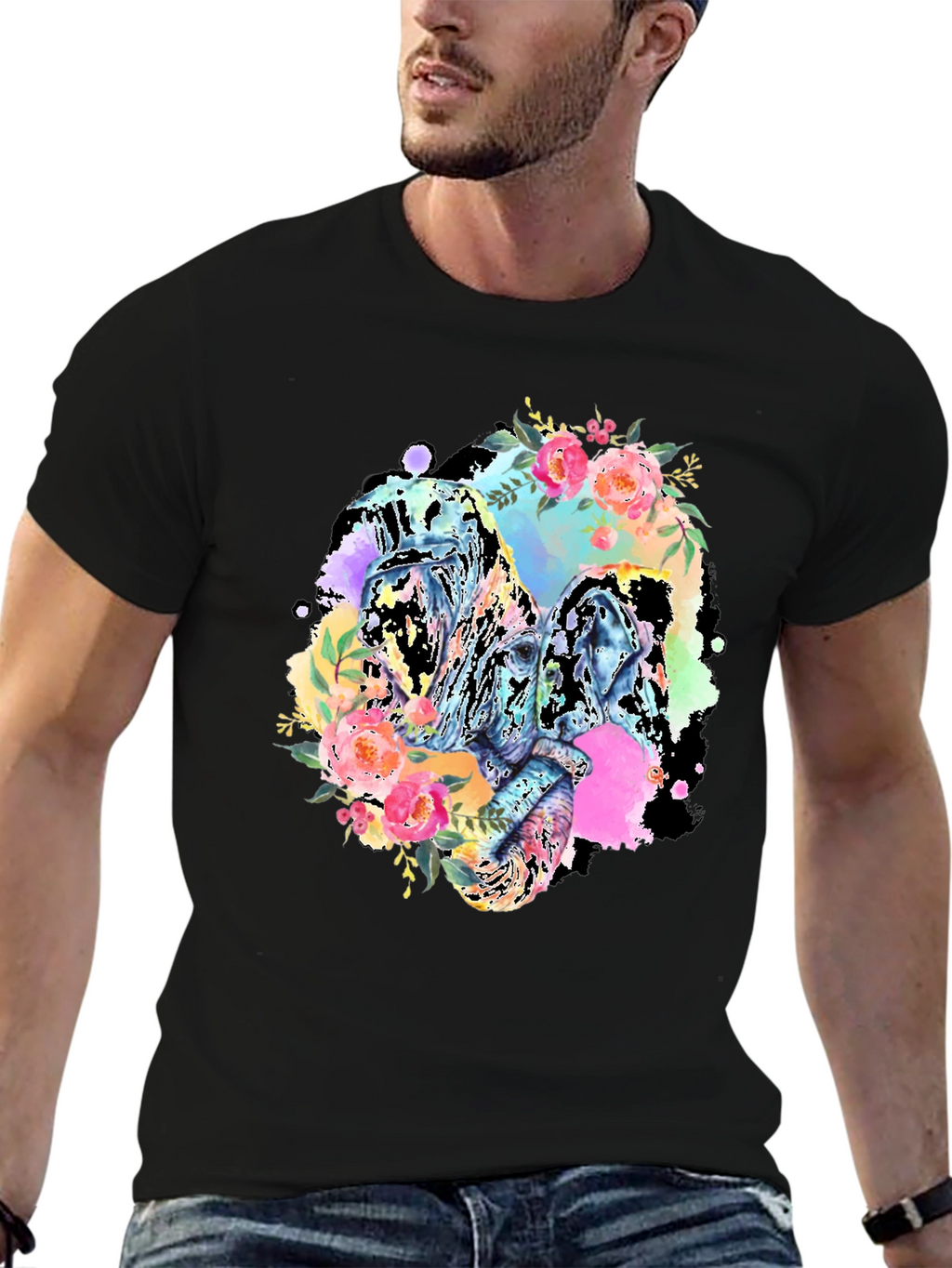 Floral Elephant Graphic Tee - Black Cotton Blend