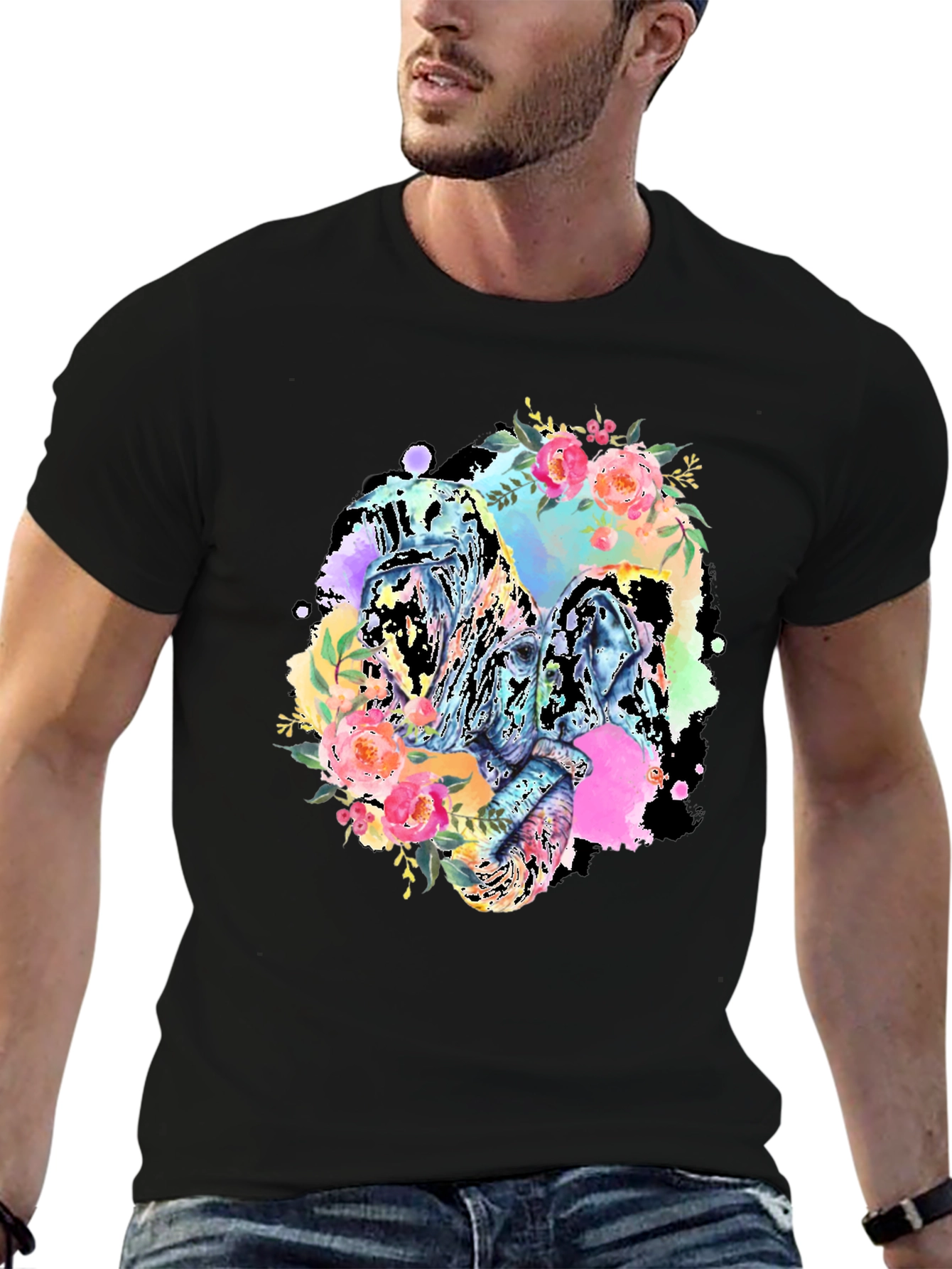 Floral Elephant Graphic Tee - Black Cotton Blend