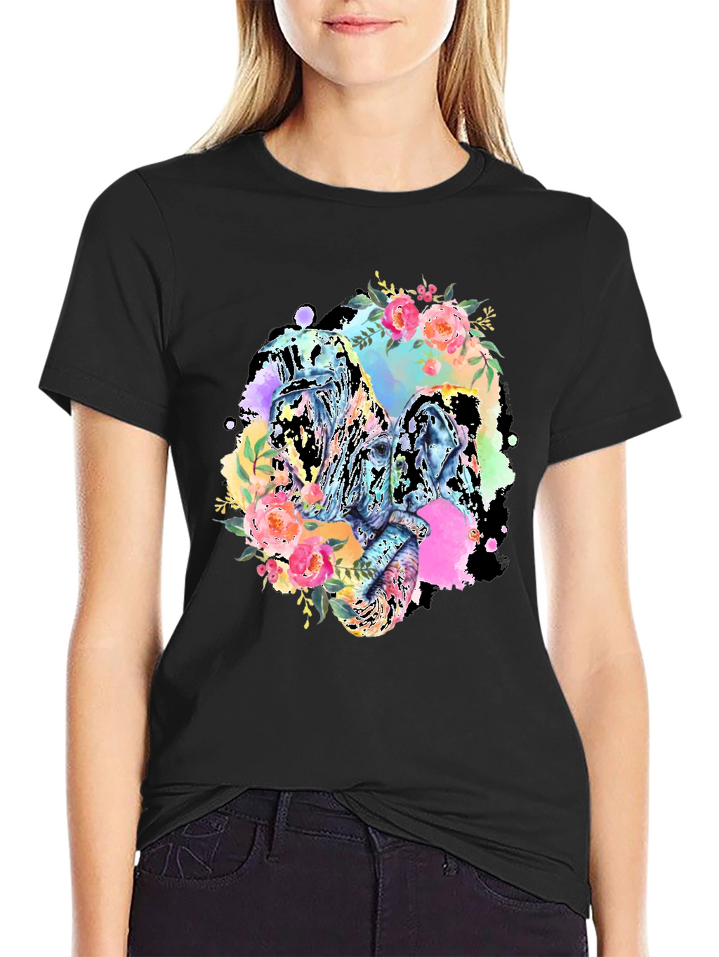 Floral Elephant Graphic Tee - Black Cotton Blend