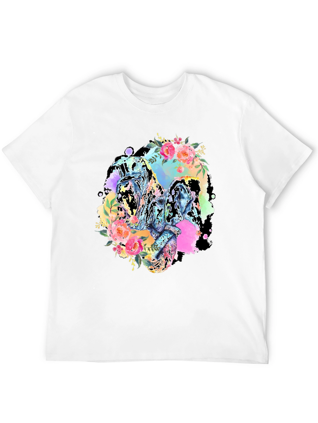 Floral Elephant Graphic Tee - Black Cotton Blend