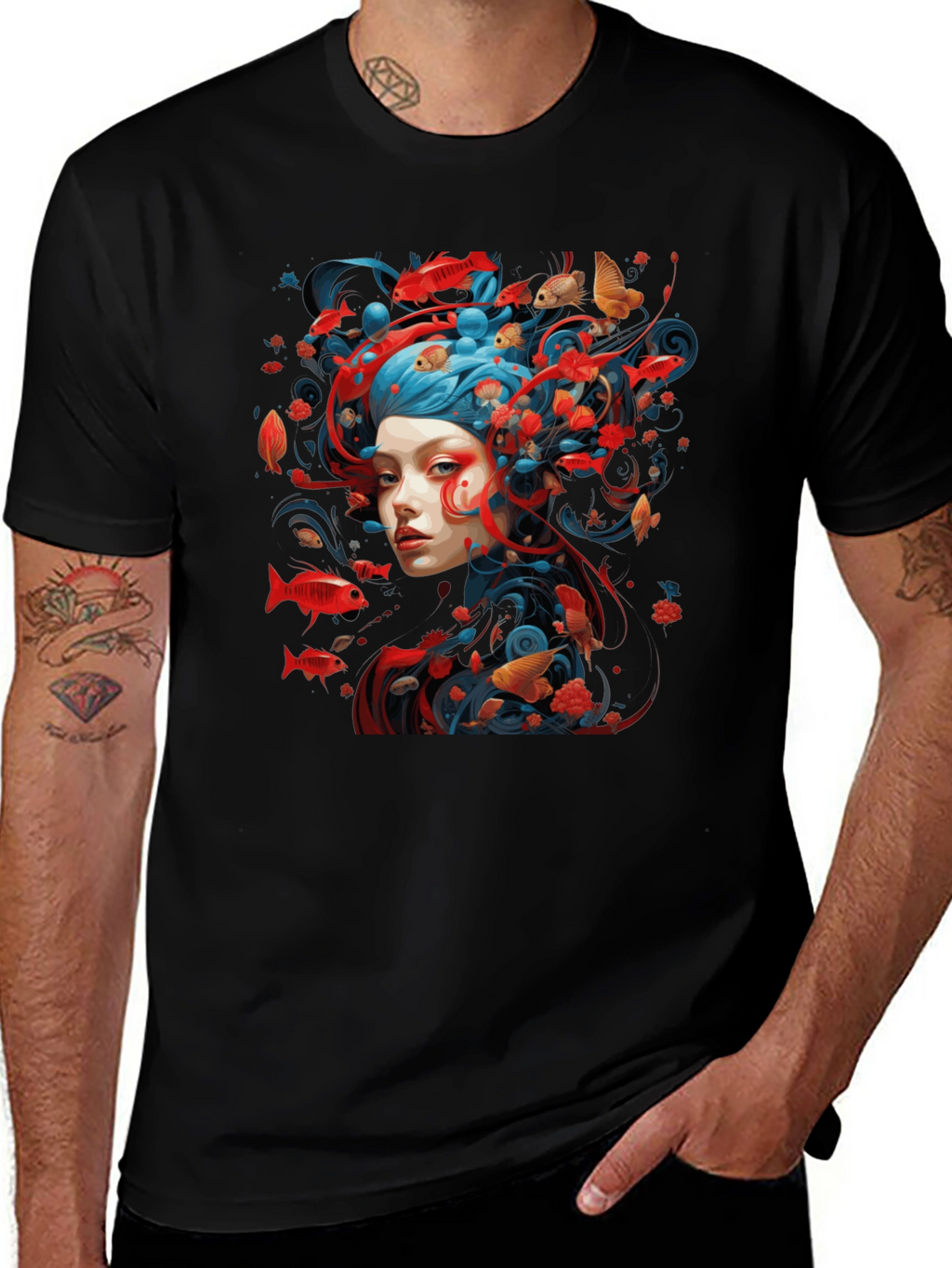 Artistic Fish Design Black T-Shirt