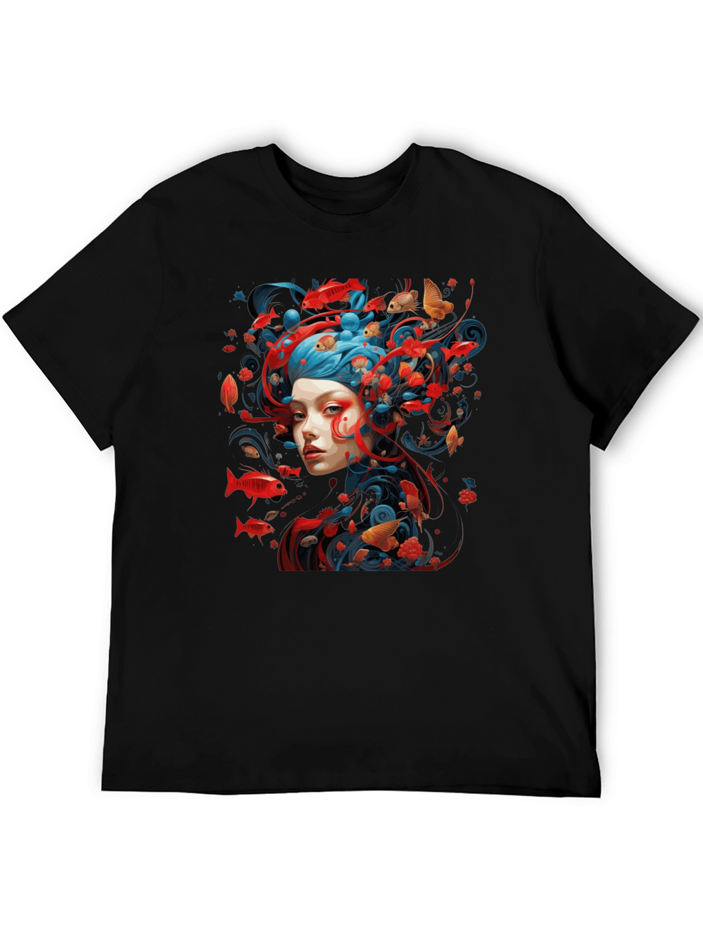 Artistic Fish Design Black T-Shirt