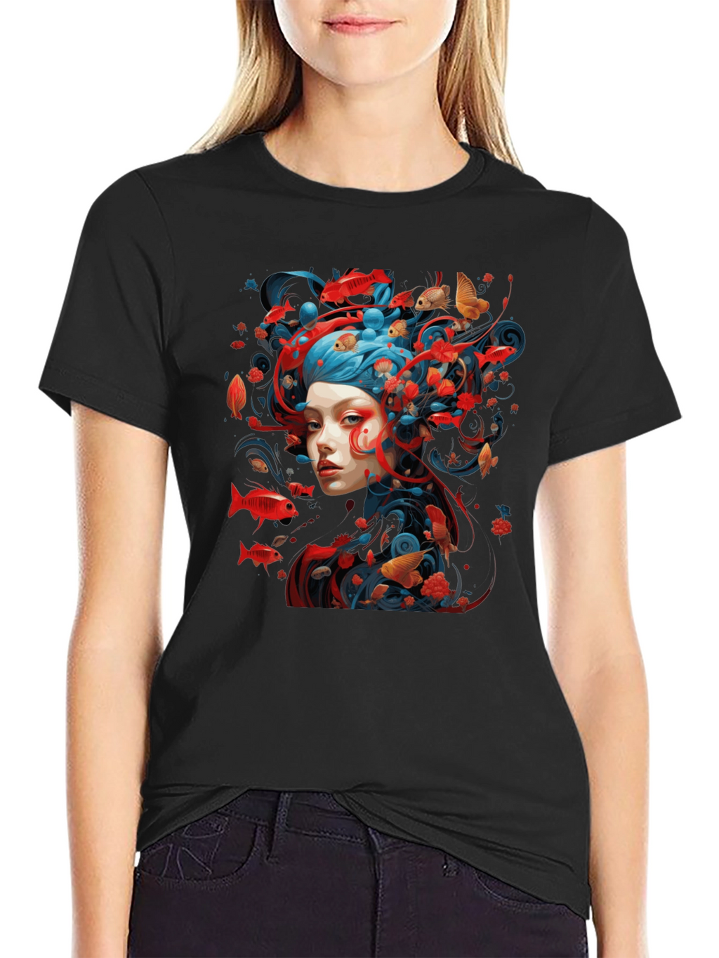 Artistic Fish Design Black T-Shirt