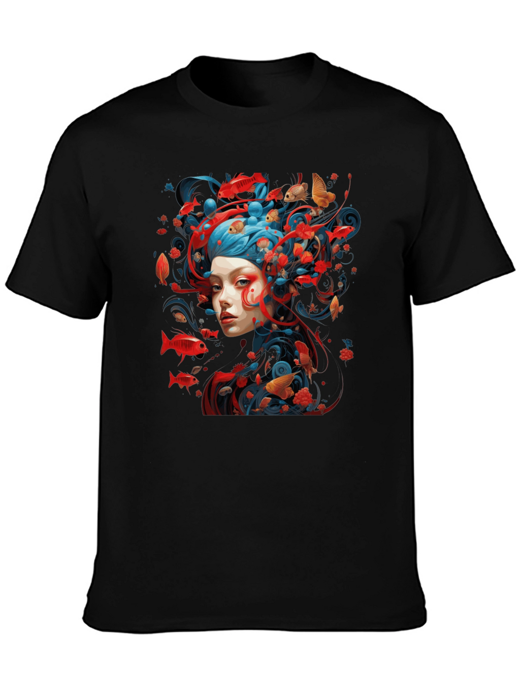 Artistic Fish Design Black T-Shirt