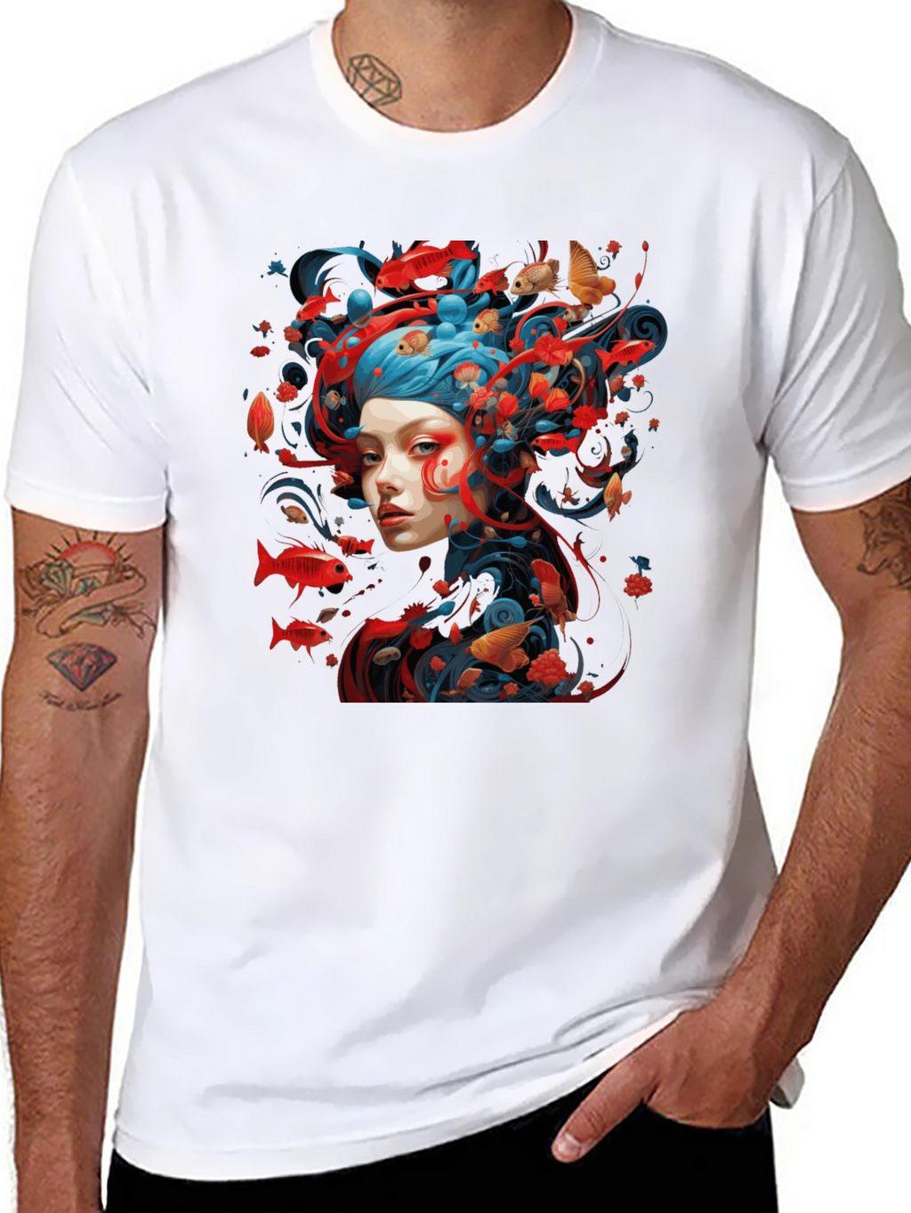 Artistic Fish Design Black T-Shirt